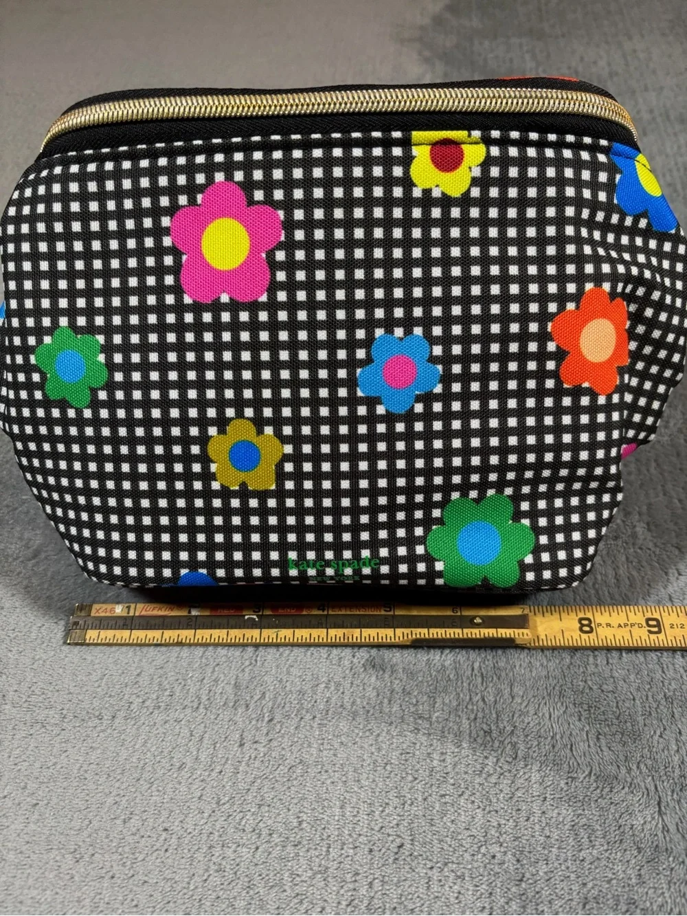 kate spade Black Gingham Insulated Lunch Bag with Multicolor Floral Print